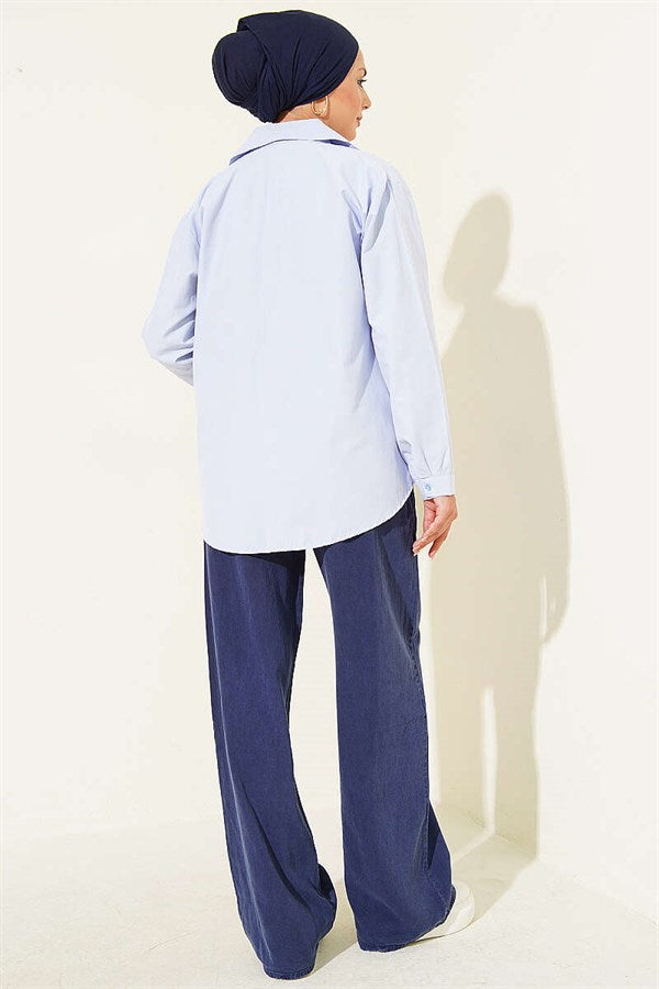 Tencel Trousers with Elastic Waistband and Pockets, Navy Blue