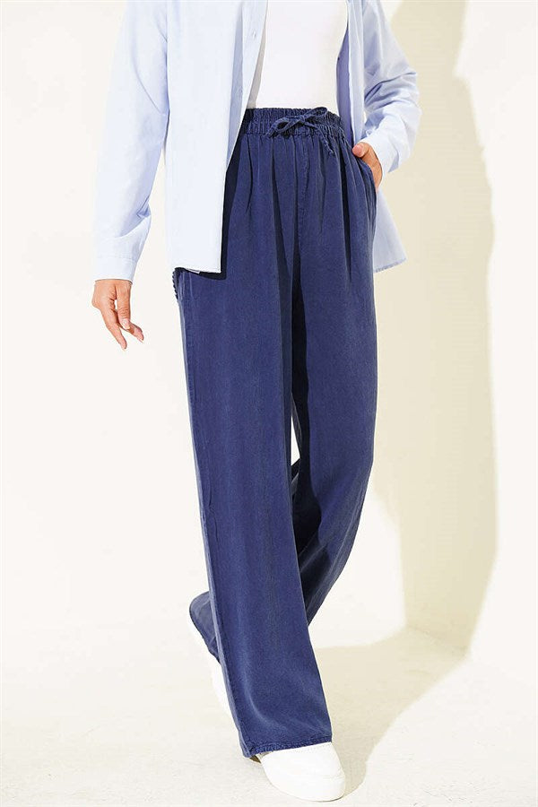 Tencel Trousers with Elastic Waistband and Pockets, Navy Blue
