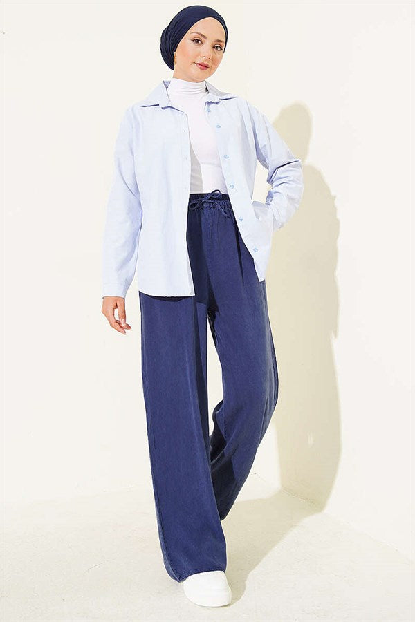Tencel Trousers with Elastic Waistband and Pockets, Navy Blue