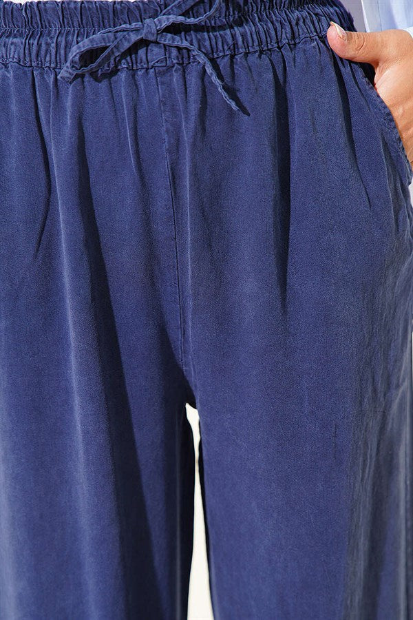 Tencel Trousers with Elastic Waistband and Pockets, Navy Blue
