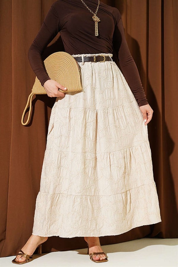 Beige Skirt with Elastic Waist and Floral Embroidery