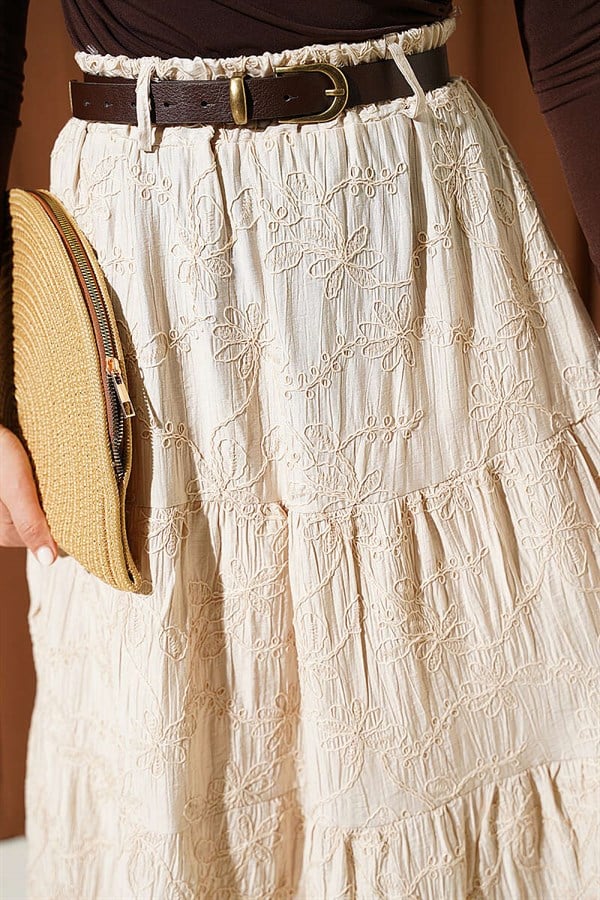Beige Skirt with Elastic Waist and Floral Embroidery