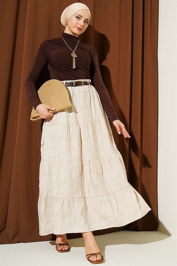 Beige Skirt with Elastic Waist and Floral Embroidery