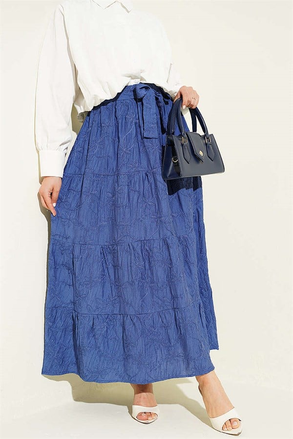 Indigo Floral Embroidered Layered Skirt with Elastic Waistband
