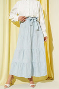 Elastic Waist Floral Embroidery Layered Skirt Blue