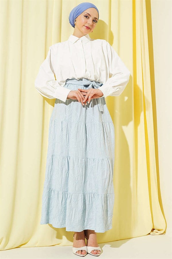 Elastic Waist Floral Embroidery Layered Skirt Blue