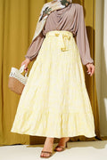 Yellow Floral Embroidered Layered Skirt with Elastic Waistband