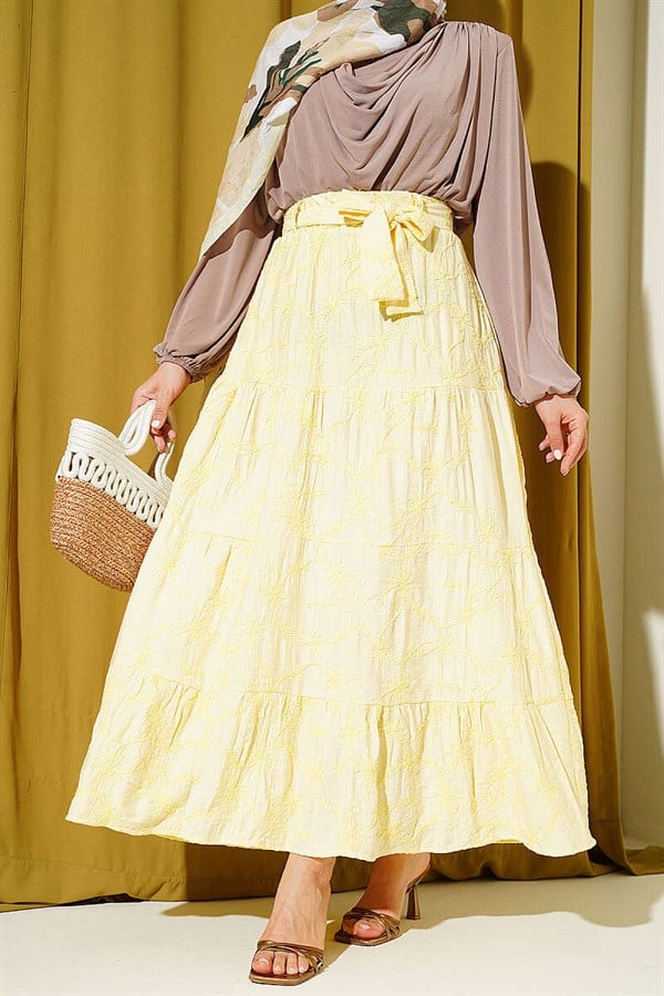 Yellow Floral Embroidered Layered Skirt with Elastic Waistband