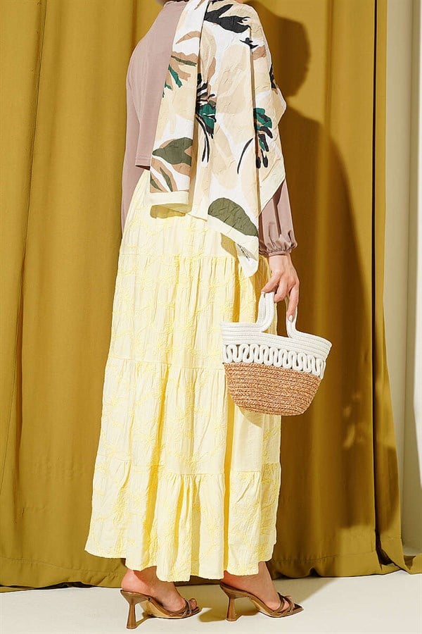 Yellow Floral Embroidered Layered Skirt with Elastic Waistband