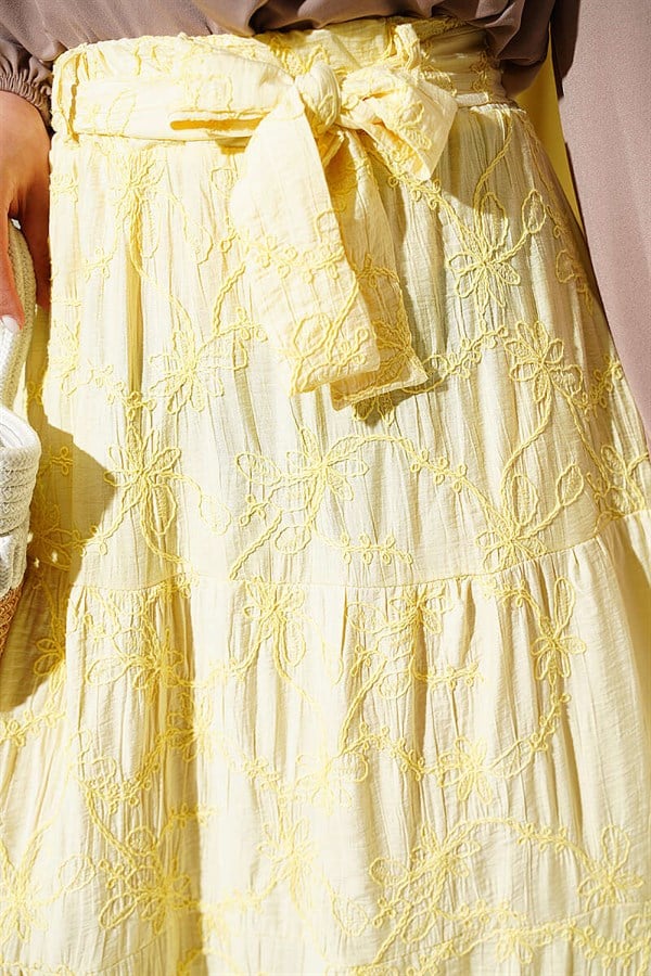 Yellow Floral Embroidered Layered Skirt with Elastic Waistband