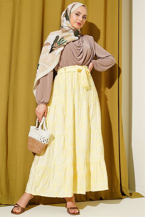 Yellow Floral Embroidered Layered Skirt with Elastic Waistband