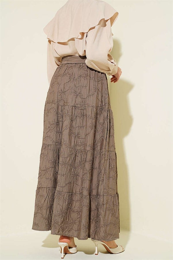 Elastic Waist Floral Embroidery Layered Skirt Mink