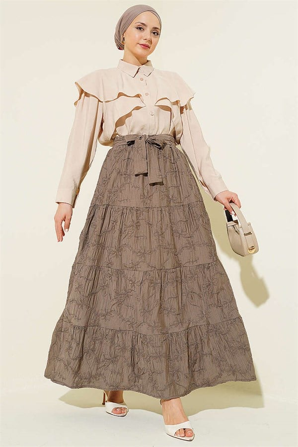 Elastic Waist Floral Embroidery Layered Skirt Mink