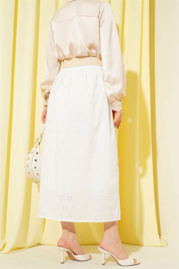 Ecru Floral Embroidered Skirt with Elastic Waistband