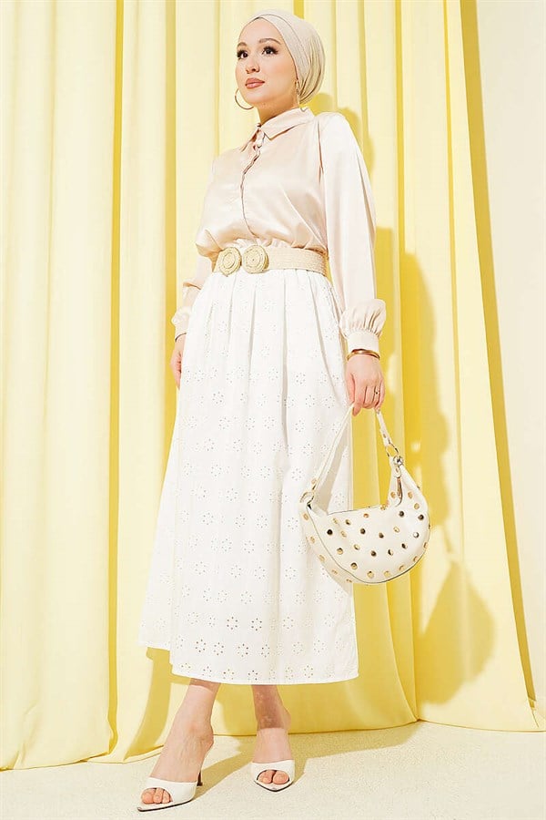 Ecru Floral Embroidered Skirt with Elastic Waistband