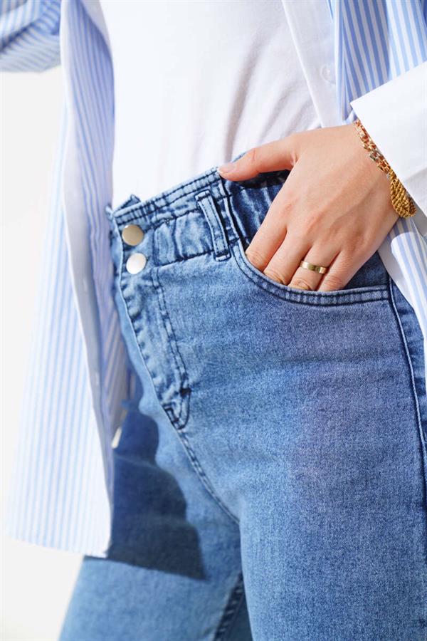 Waist Elastic Double Button Jeans Light Blue