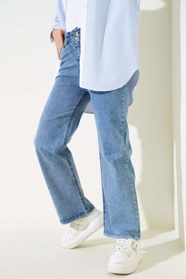 Waist Elastic Double Button Jeans Light Blue