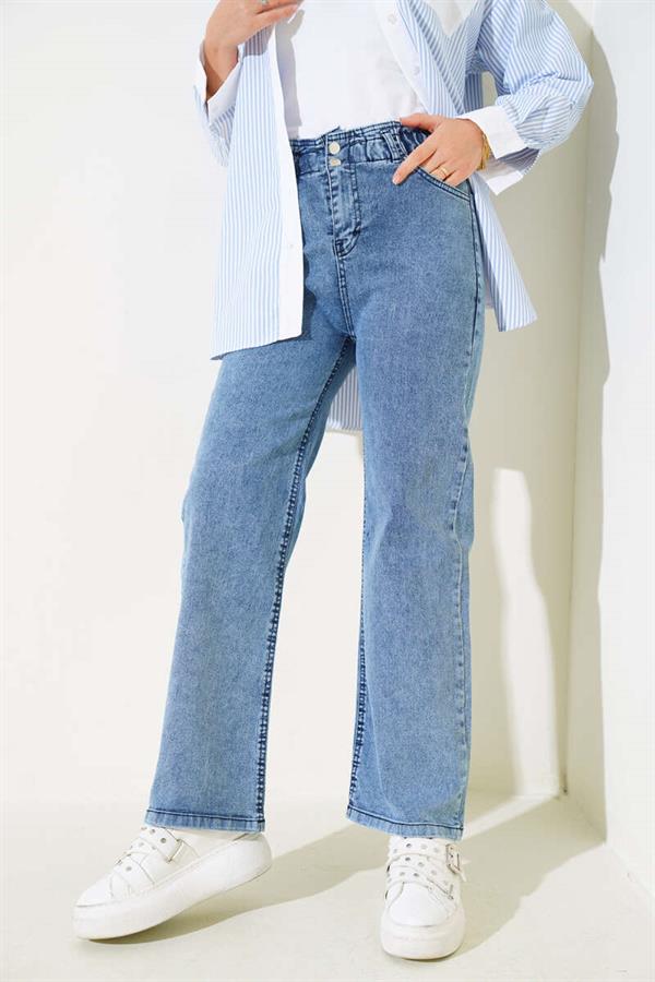 Waist Elastic Double Button Jeans Light Blue