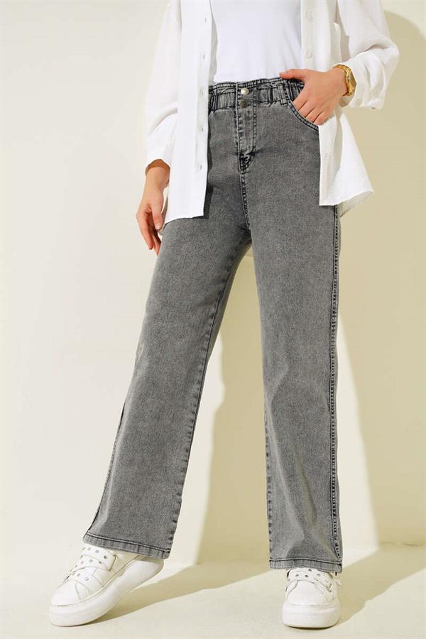 Waist Elastic Double Button Jeans Smoke