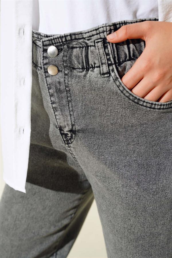Waist Elastic Double Button Jeans Smoke