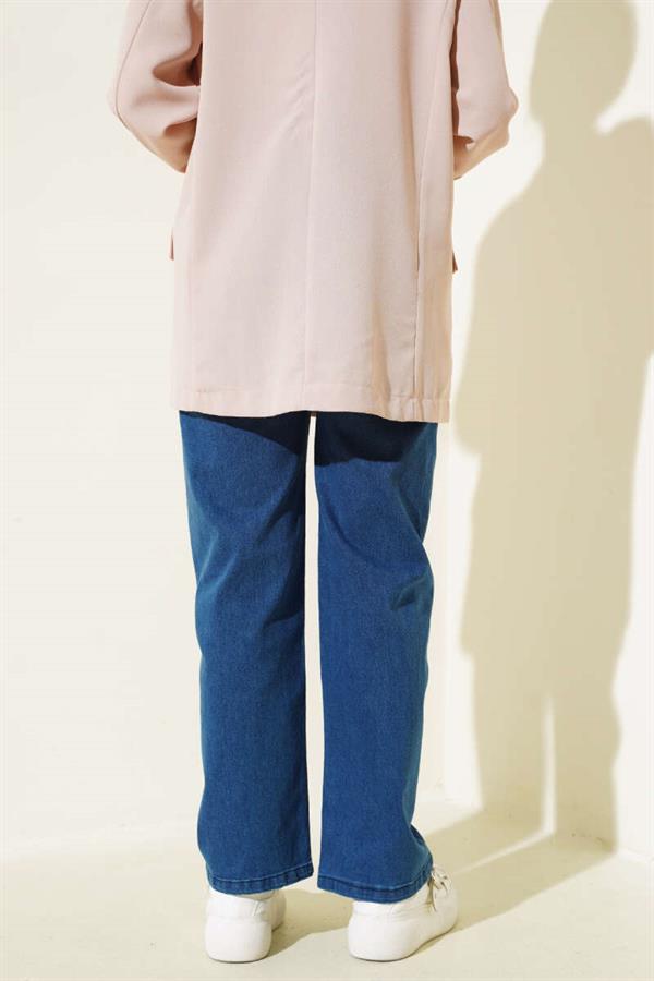 Double Buttoned Denim Trousers with Elastic Waistband Navy Blue