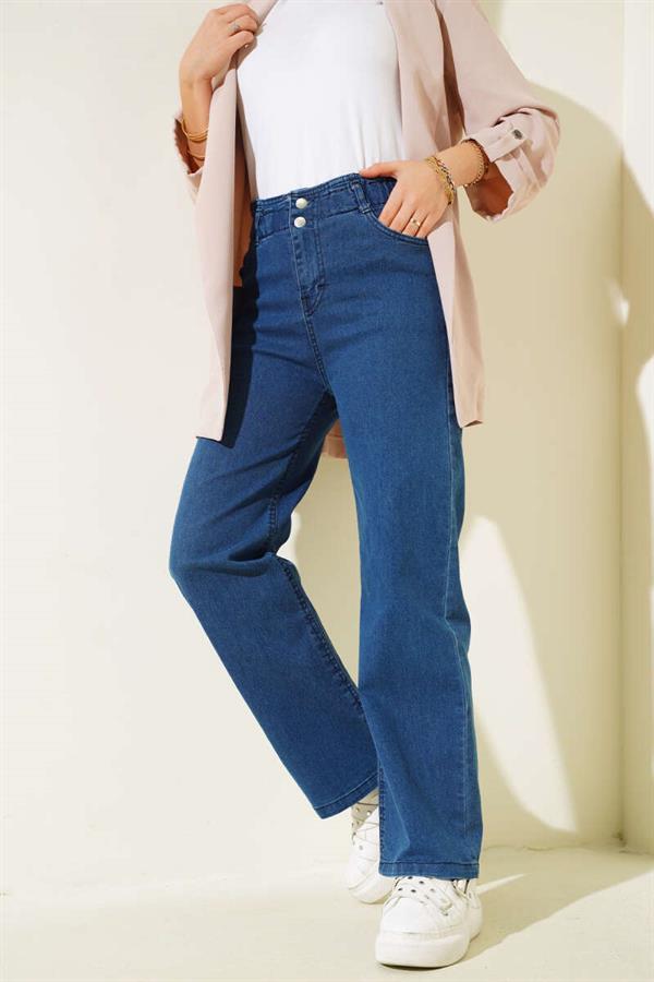 Double Buttoned Denim Trousers with Elastic Waistband Navy Blue