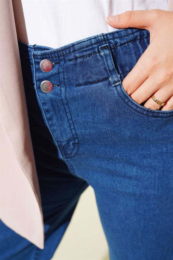 Double Buttoned Denim Trousers with Elastic Waistband Navy Blue