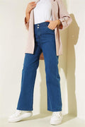 Double Buttoned Denim Trousers with Elastic Waistband Navy Blue