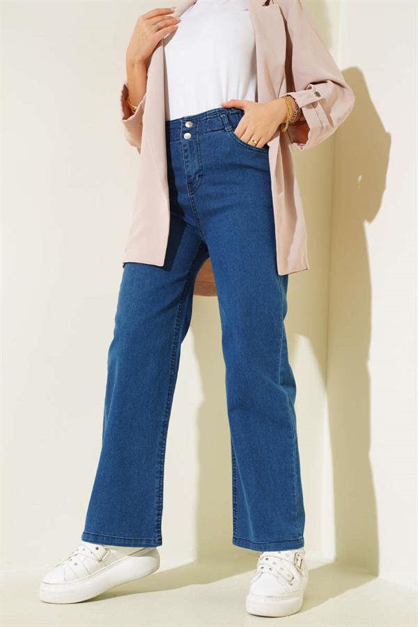 Double Buttoned Denim Trousers with Elastic Waistband Navy Blue