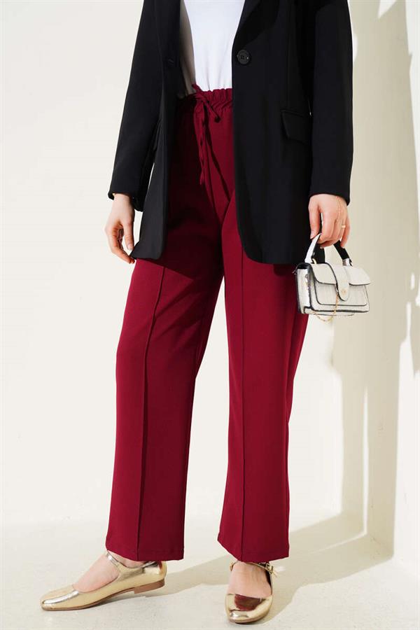 Elastic Waist Wide Leg Trousers with Ribbon Burgundy