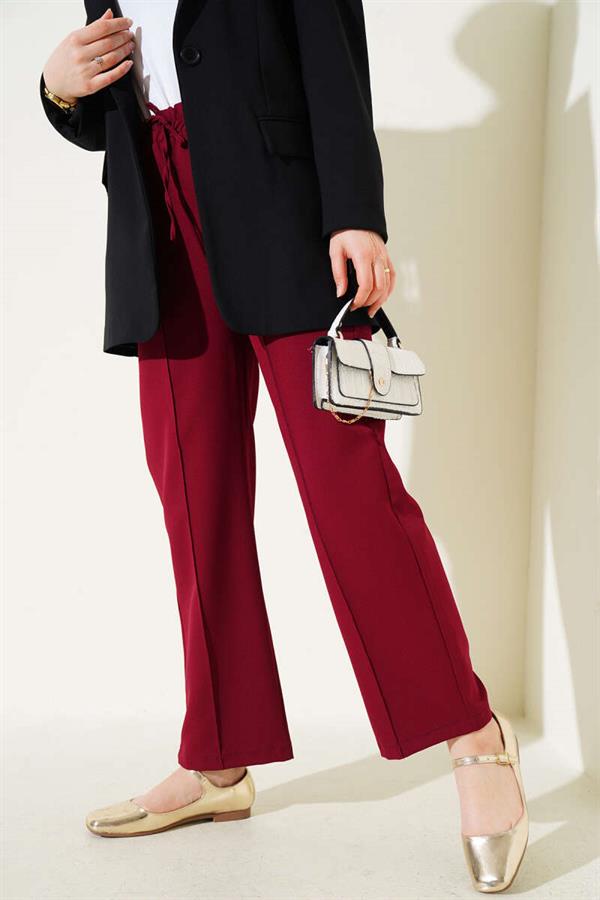 Elastic Waist Wide Leg Trousers with Ribbon Burgundy