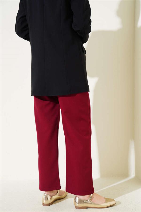 Elastic Waist Wide Leg Trousers with Ribbon Burgundy