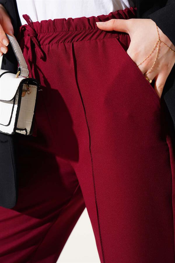 Elastic Waist Wide Leg Trousers with Ribbon Burgundy