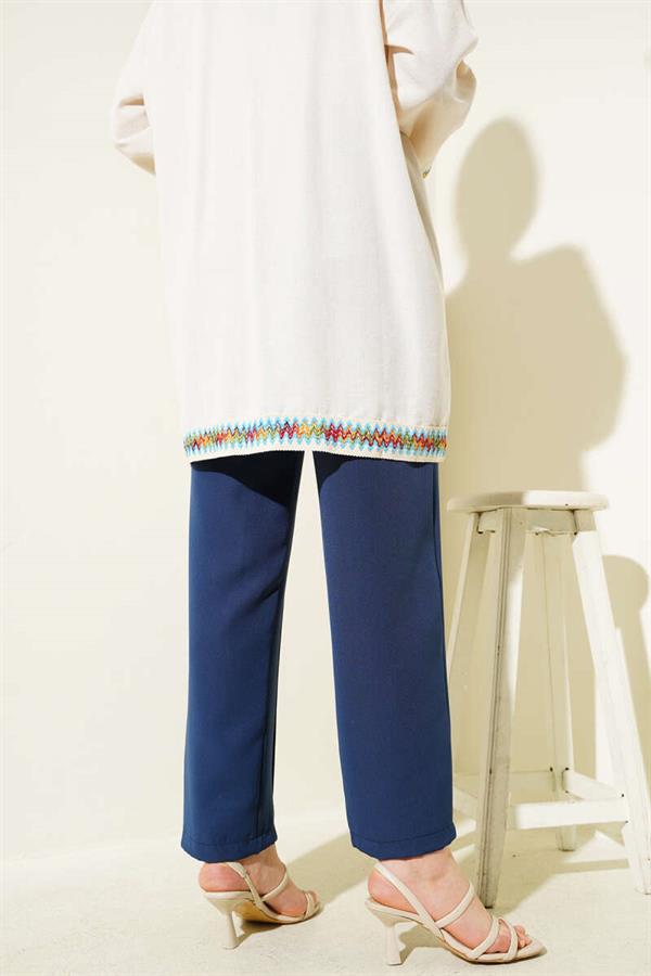 Elastic Waist Wide Leg Trousers with Ribbon Indigo