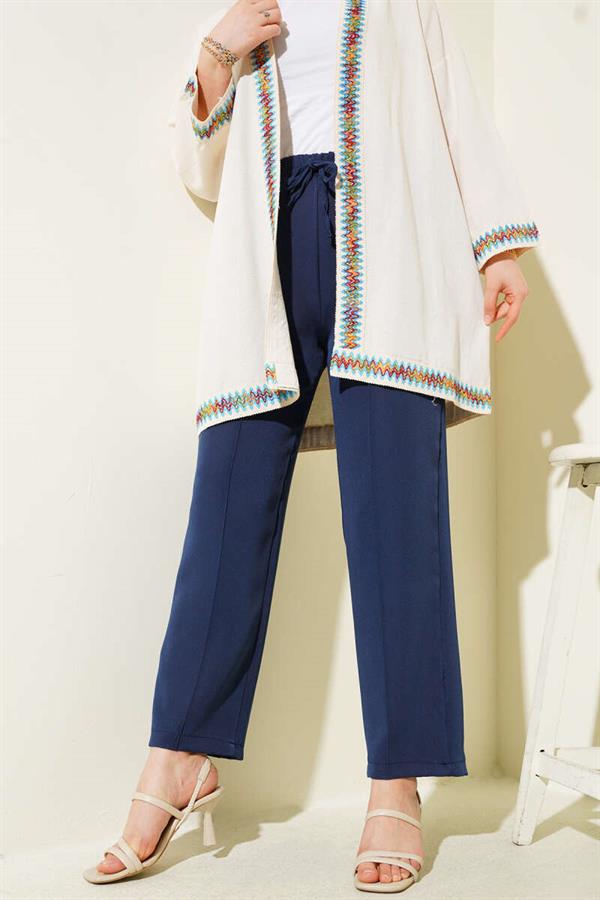 Elastic Waist Wide Leg Trousers with Ribbon Indigo