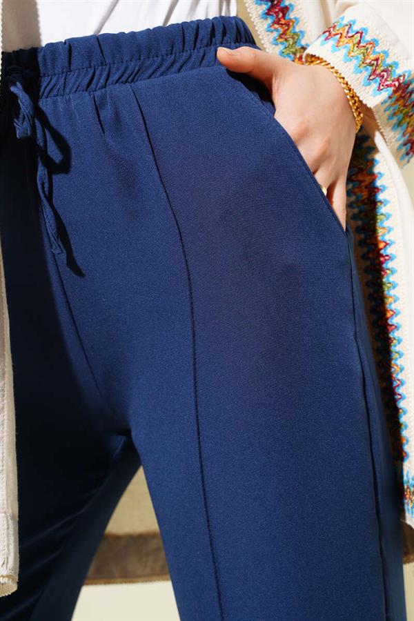 Elastic Waist Wide Leg Trousers with Ribbon Indigo