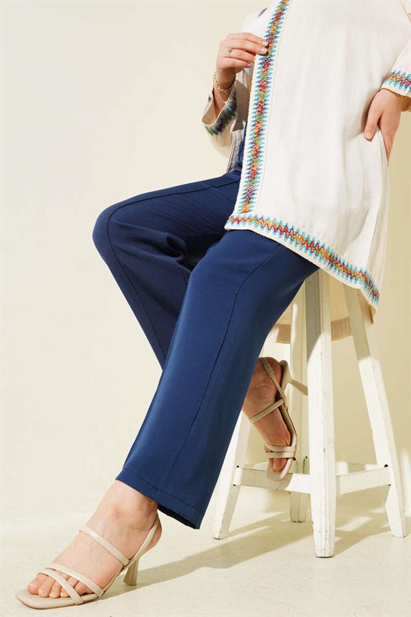 Elastic Waist Wide Leg Trousers with Ribbon Indigo