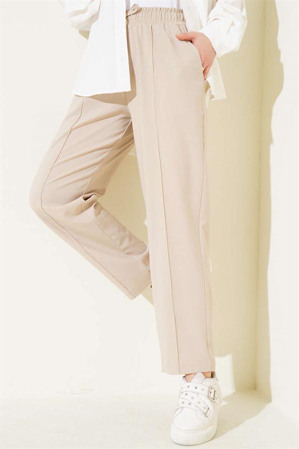 Elastic Waist Slim Leg Trousers Beige