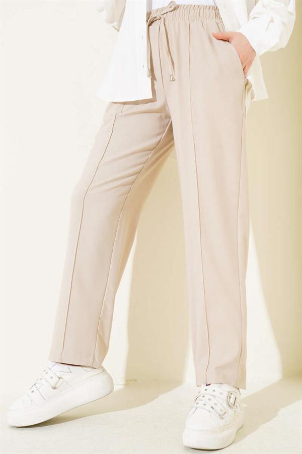 Elastic Waist Slim Leg Trousers Beige