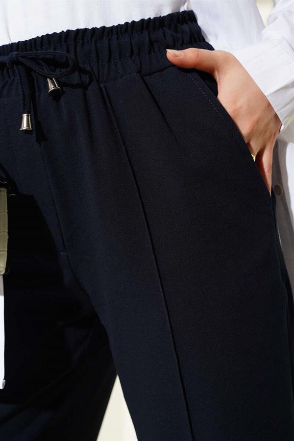 Elastic Waist Slim Leg Trousers Navy Blue