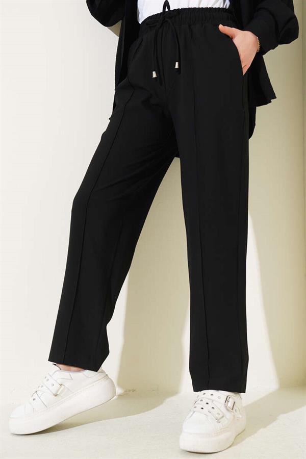 Elastic Waist Slim Leg Trousers Black
