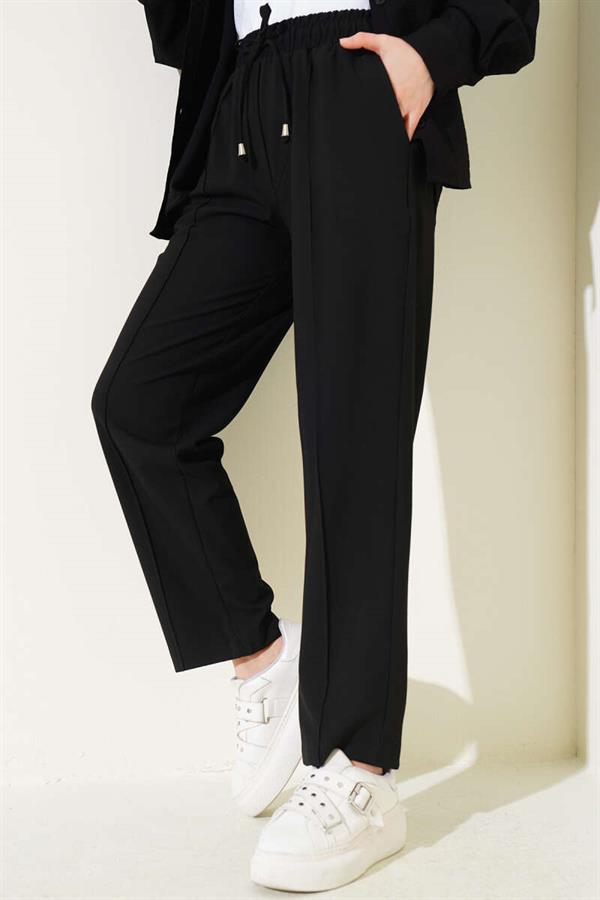 Elastic Waist Slim Leg Trousers Black