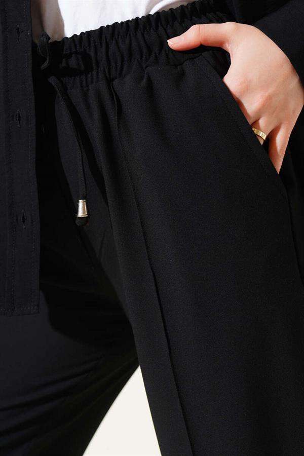 Elastic Waist Slim Leg Trousers Black