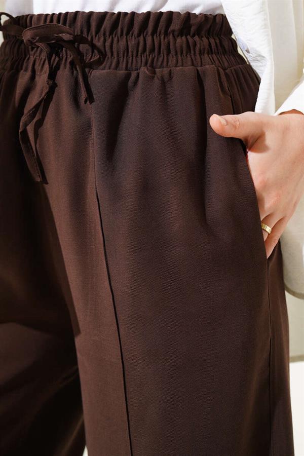 Elastic Waist Wide Leg Trousers with Ribbon Brown