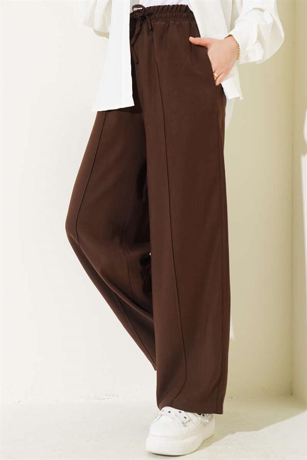 Elastic Waist Wide Leg Trousers with Ribbon Brown