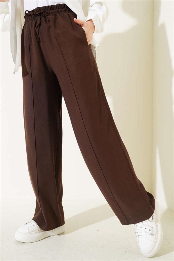 Elastic Waist Wide Leg Trousers with Ribbon Brown
