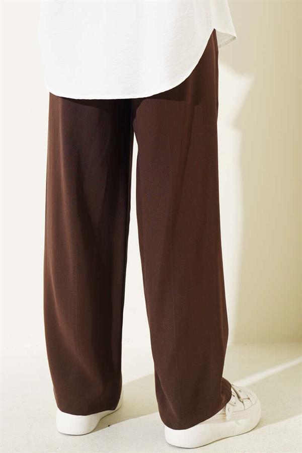 Elastic Waist Wide Leg Trousers with Ribbon Brown