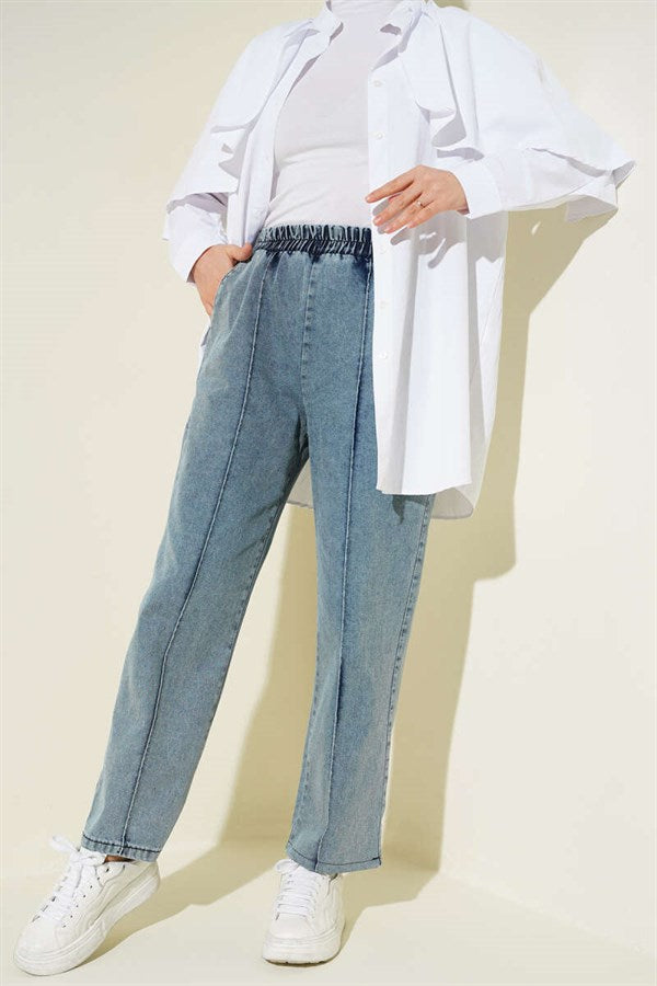 Elastic Waistband Denim Jeans Ice Blue