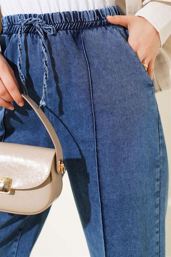 Elastic Waist Denim Trousers Blue