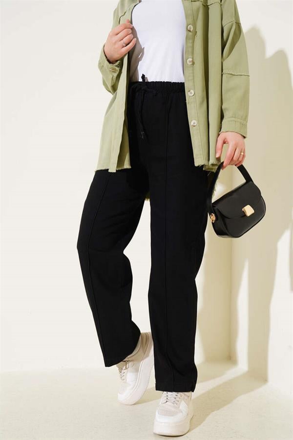 Elastic Waist Denim Trousers Black